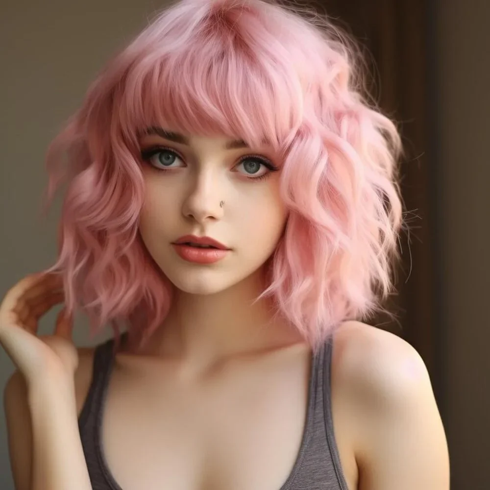 Pink Wig for Women Pastel Wavy Bob with Bangs Shoulder Length Synthetic Hair - Picture 5 of 5